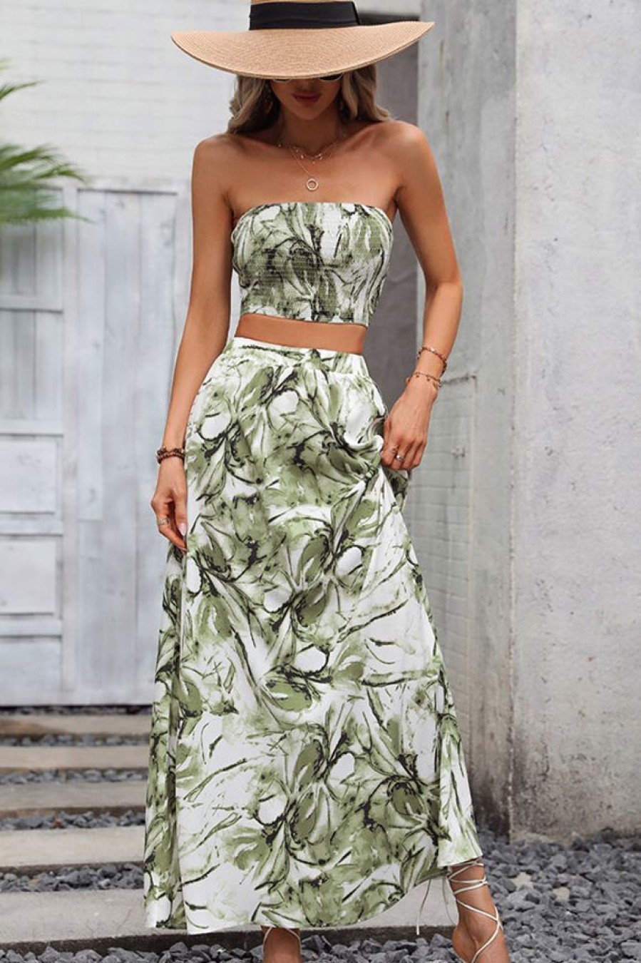 Women Beachsissi Printed Dress | Smocked Bandeau Floral Print Two Pieces Dress Darkseagreen