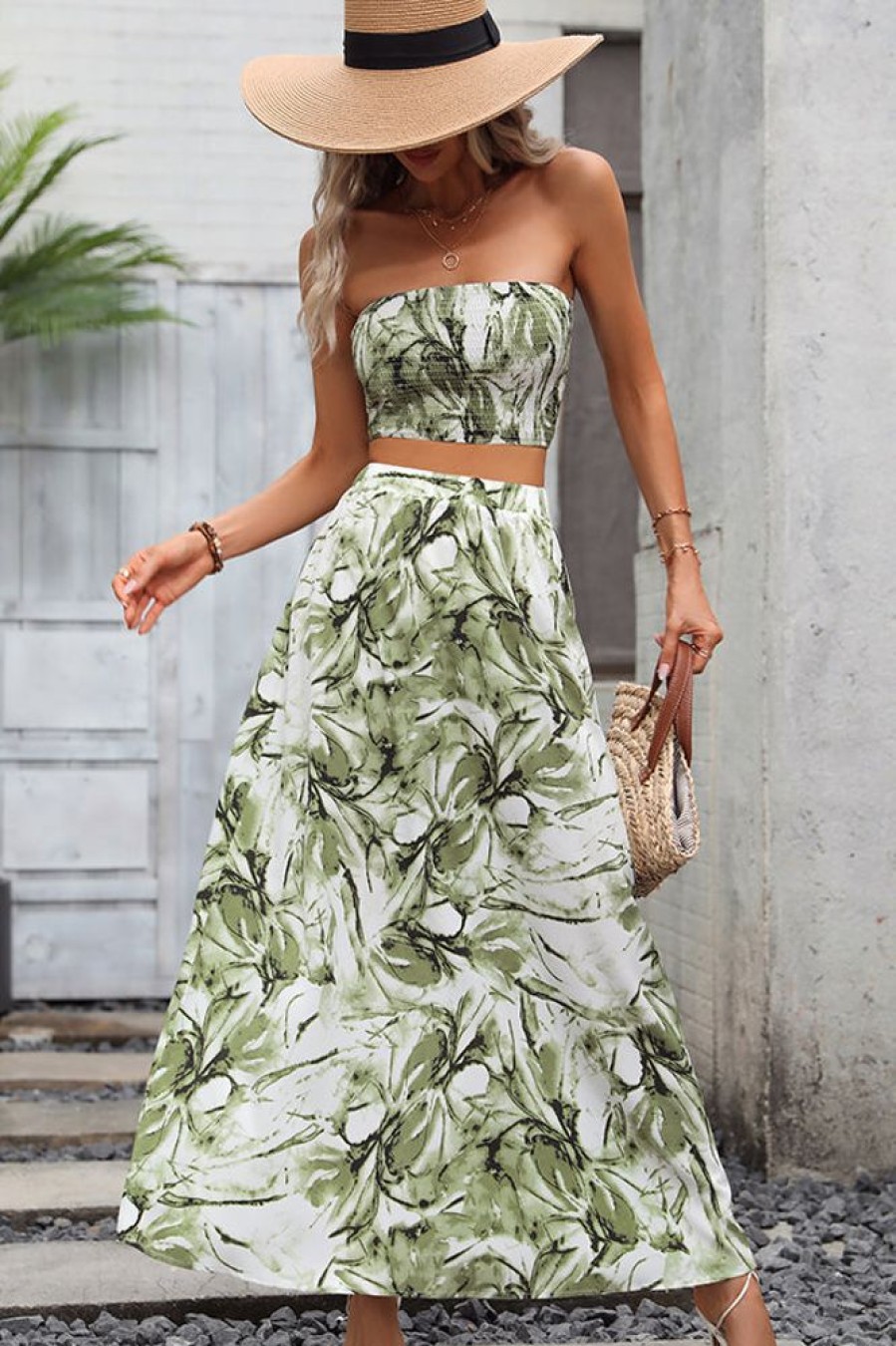 Women Beachsissi Printed Dress | Smocked Bandeau Floral Print Two Pieces Dress Darkseagreen