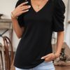 Women Beachsissi | Solid Color V Neck Ruffle Sleeve Casual Tops Black