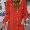 Women Beachsissi Solid Dress | Long Sleeve Button Round Neck Solid Dress Tomato