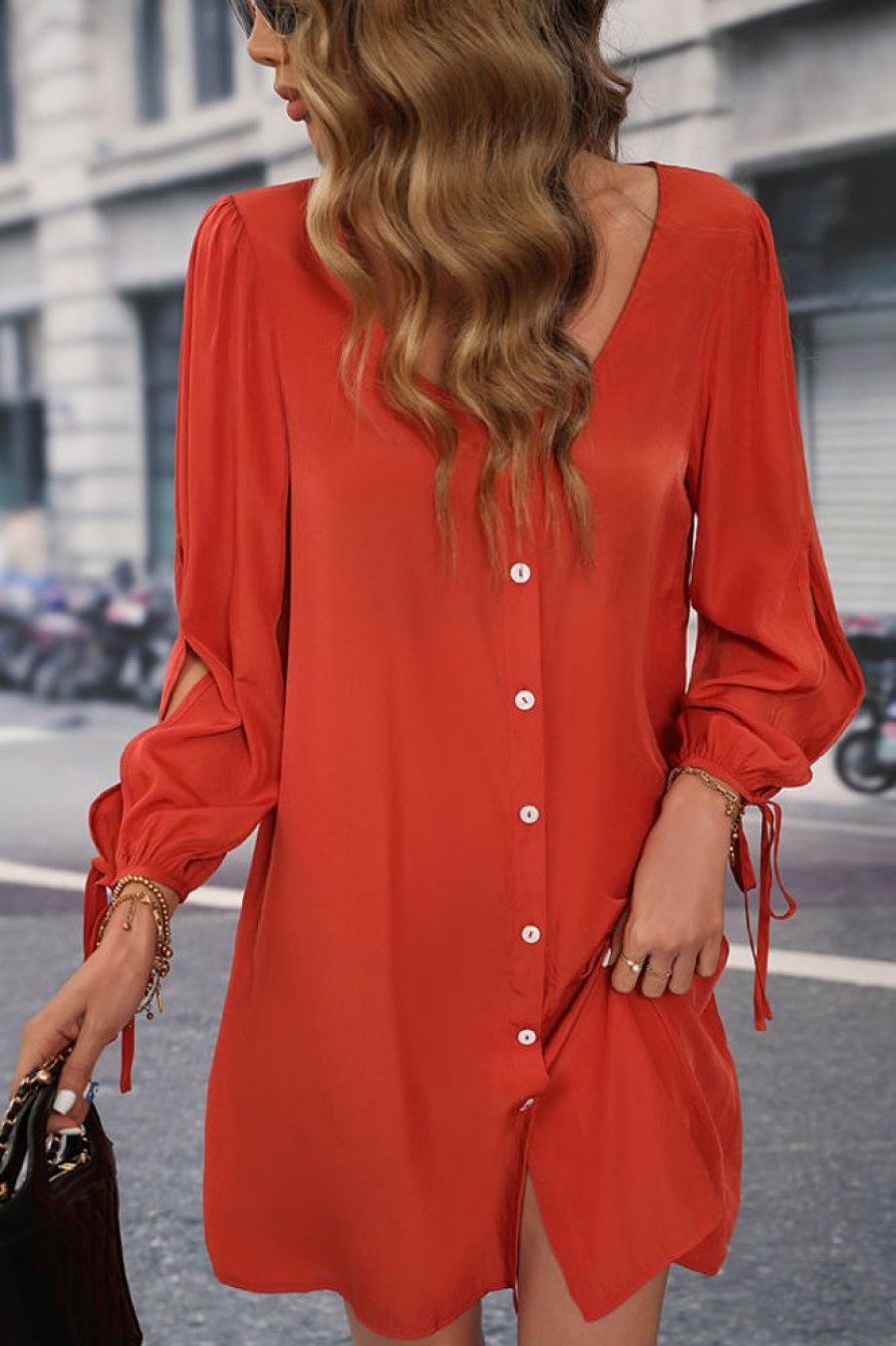 Women Beachsissi Solid Dress | Long Sleeve Button Round Neck Solid Dress Tomato