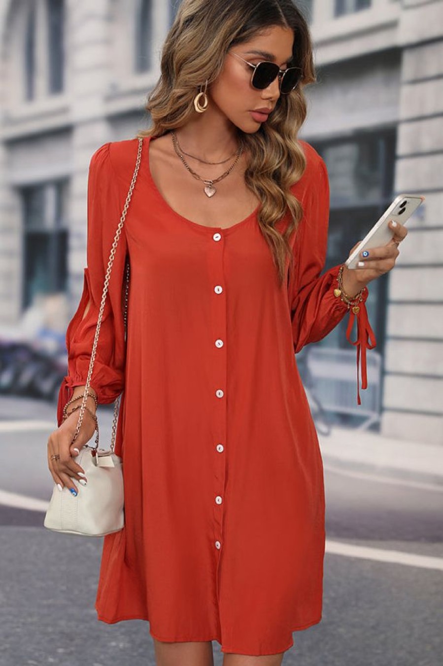 Women Beachsissi Solid Dress | Long Sleeve Button Round Neck Solid Dress Tomato