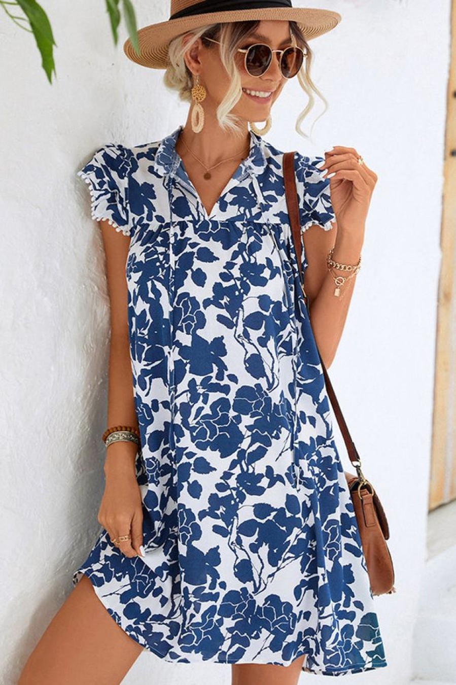 Women Beachsissi Printed Dress | Fashion Printed Ruffled Sleeves Casual Dress Blue