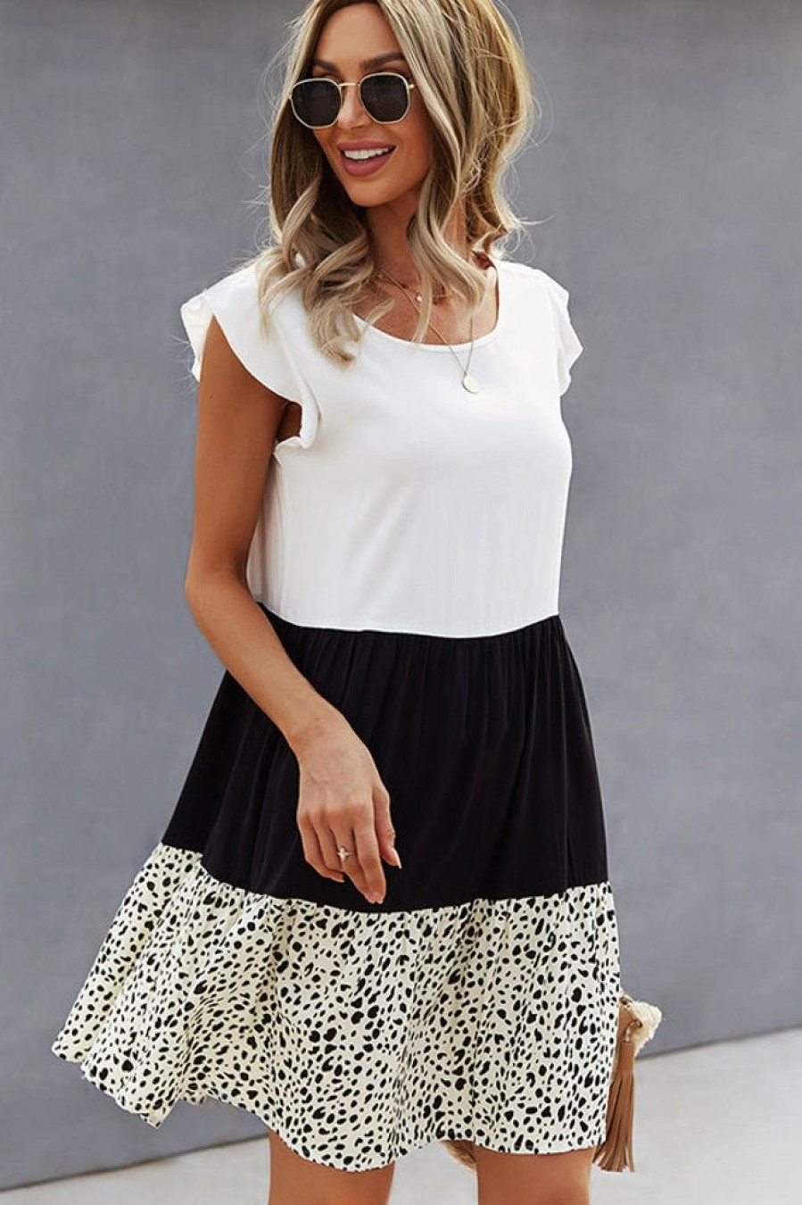 Women Beachsissi Casual Dress | Fashion Print Color Block Casual Dress White