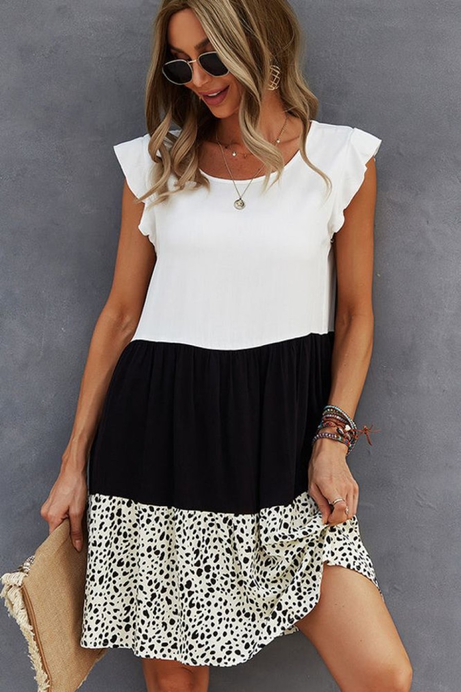 Women Beachsissi Casual Dress | Fashion Print Color Block Casual Dress White