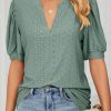 Women Beachsissi | Bubble Sleeve V Neck Casual Tops Darkseagreen