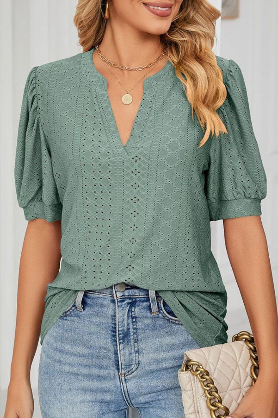 Women Beachsissi | Bubble Sleeve V Neck Casual Tops Darkseagreen