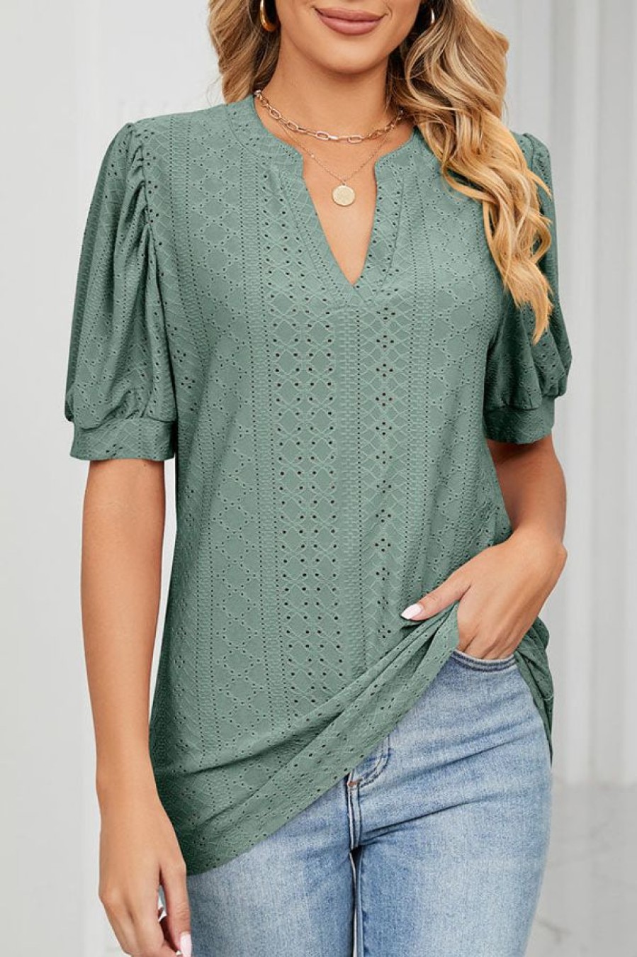 Women Beachsissi | Bubble Sleeve V Neck Casual Tops Darkseagreen