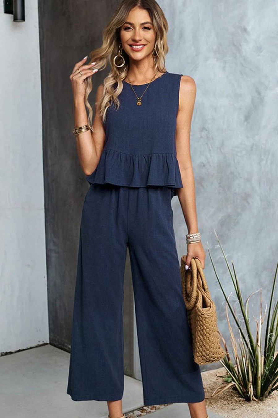 Women Beachsissi | Solid Color Ruffle Hem Two Pieces Set Midnightblue