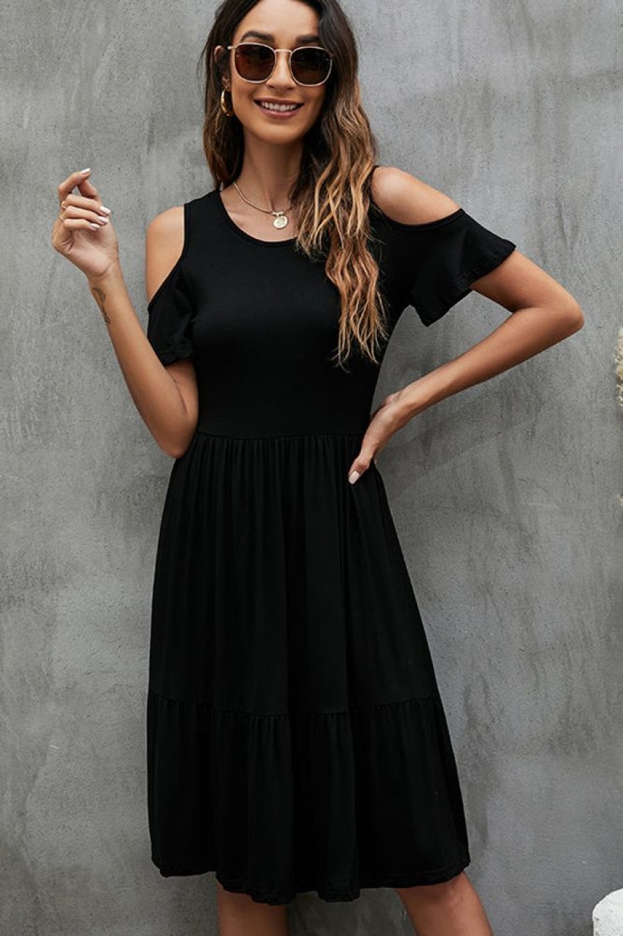 Women Beachsissi Solid Dress | Fashion Solid Color Short Sleeve Casual Dress Black