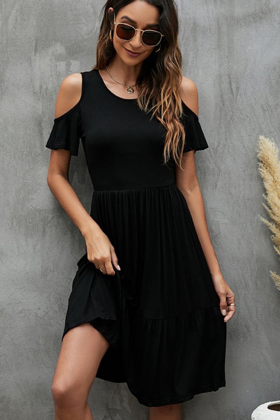 Women Beachsissi Solid Dress | Fashion Solid Color Short Sleeve Casual Dress Black