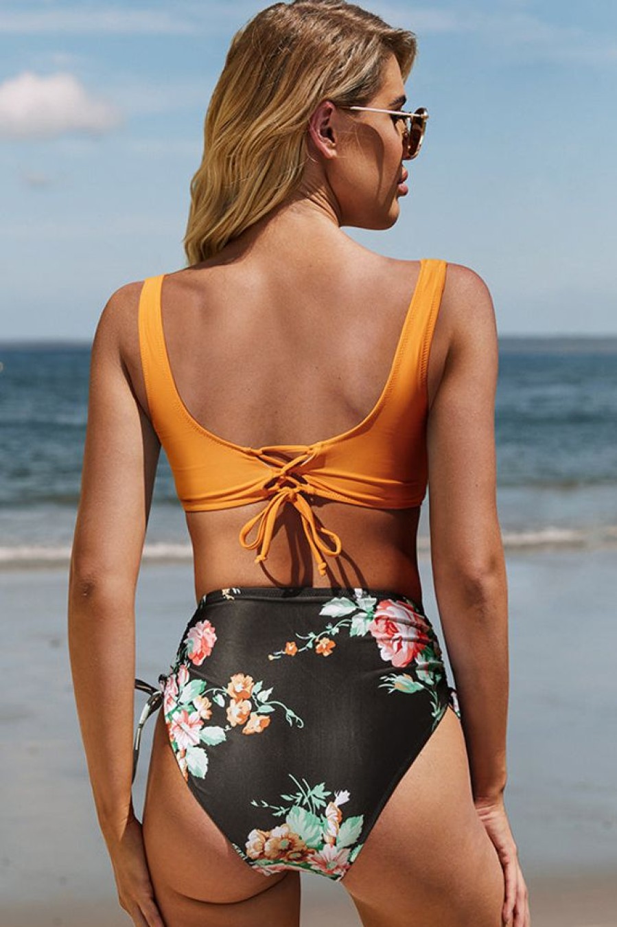 Women Beachsissi Bikini | Twist Front Drawstring Side Floral Print Bikini Set Darkorange