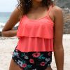 Women Beachsissi Tankini | Layered Hem High Waist Flower Print Tankini Set Tomato