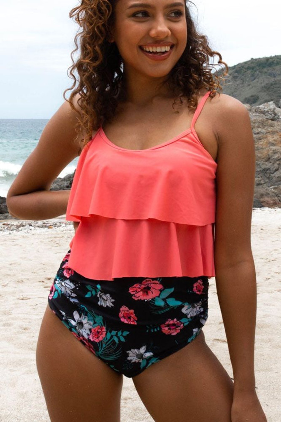 Women Beachsissi Tankini | Layered Hem High Waist Flower Print Tankini Set Tomato