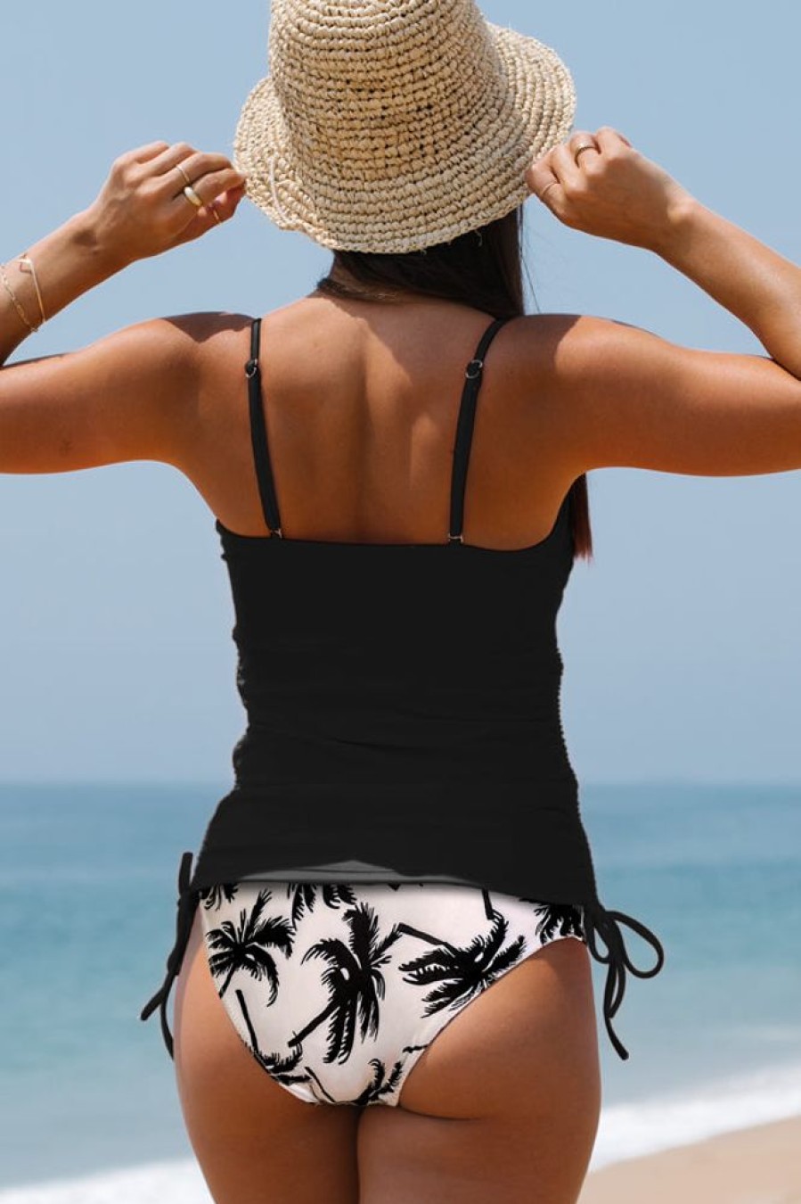 Women Beachsissi Tankini | Drawstring Side Leaf Print Tummy Control Tankini Set