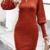 Women Beachsissi Solid Dress | Solid Color Puff Sleeve Knitted Dress Tomato