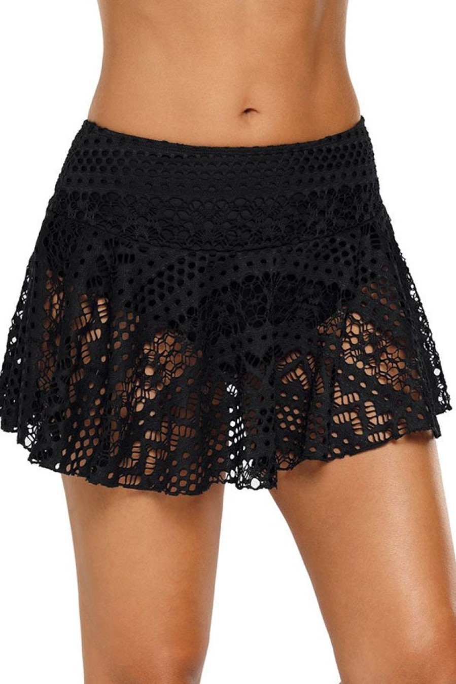 Women Beachsissi Swim Bottom | Mid Waist Solid Lace Swim Pantskirt Black