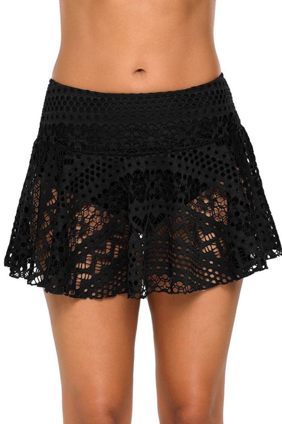 Women Beachsissi Swim Bottom | Mid Waist Solid Lace Swim Pantskirt Black