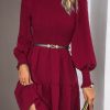 Women Beachsissi Solid Dress | Solid Smocked Round Neck Ruffle Hem Dress Darkred