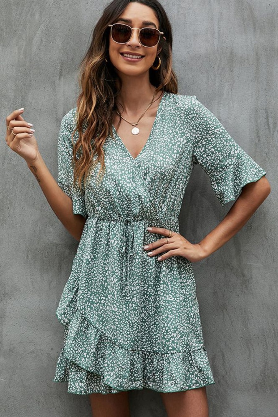 Women Beachsissi Casual Dress | V Neck Printed Trumpet Sleeve Casual Dress Cadetblue