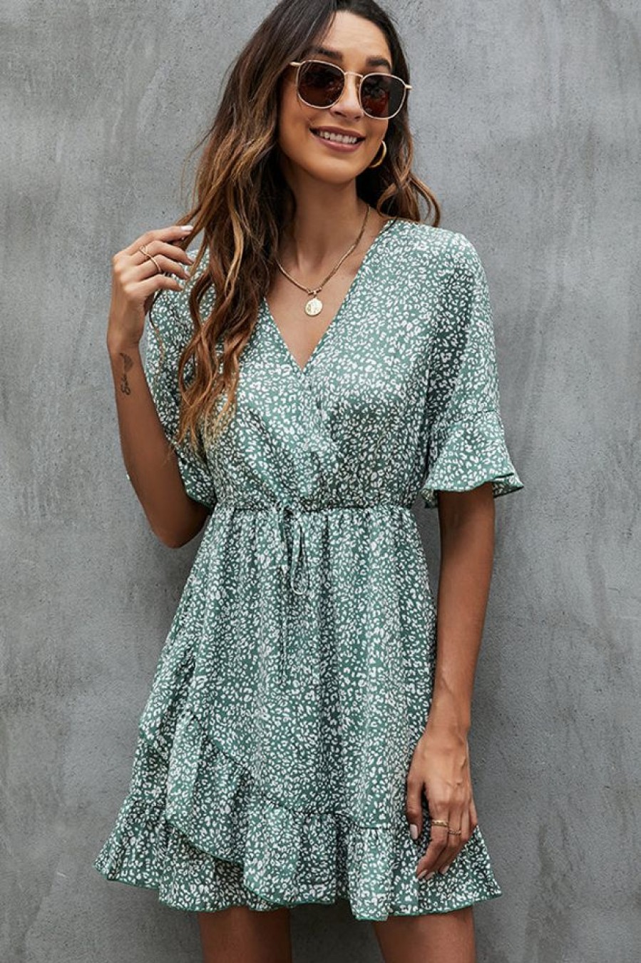 Women Beachsissi Casual Dress | V Neck Printed Trumpet Sleeve Casual Dress Cadetblue