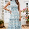 Women Beachsissi Printed Dress | Smocked Chest Floral Print Sleeveless Dress Paleturquoise