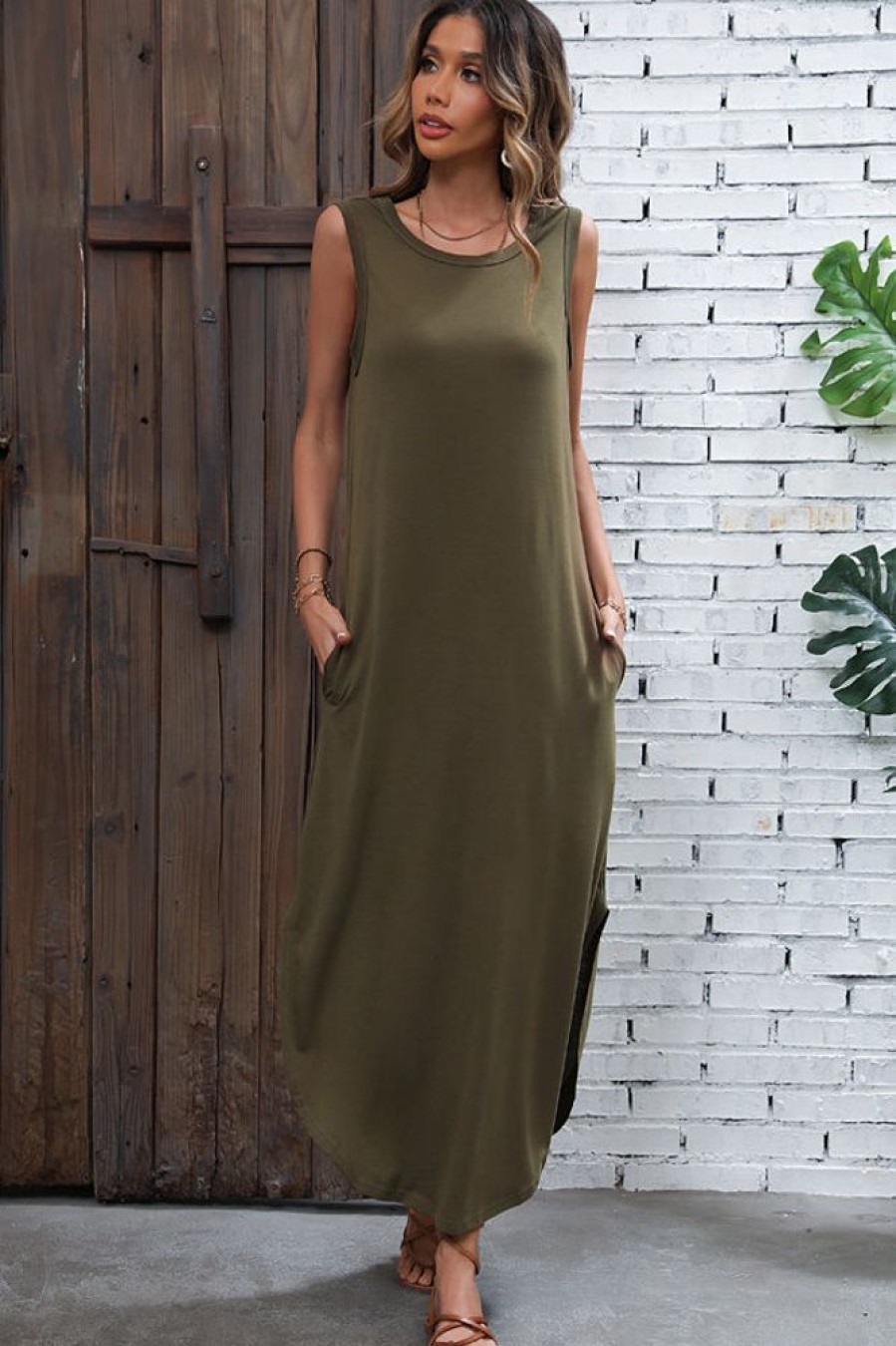 Women Beachsissi Solid Dress | Sleeveless Round Neck Solid Color Maxi Dress Darkolivegreen