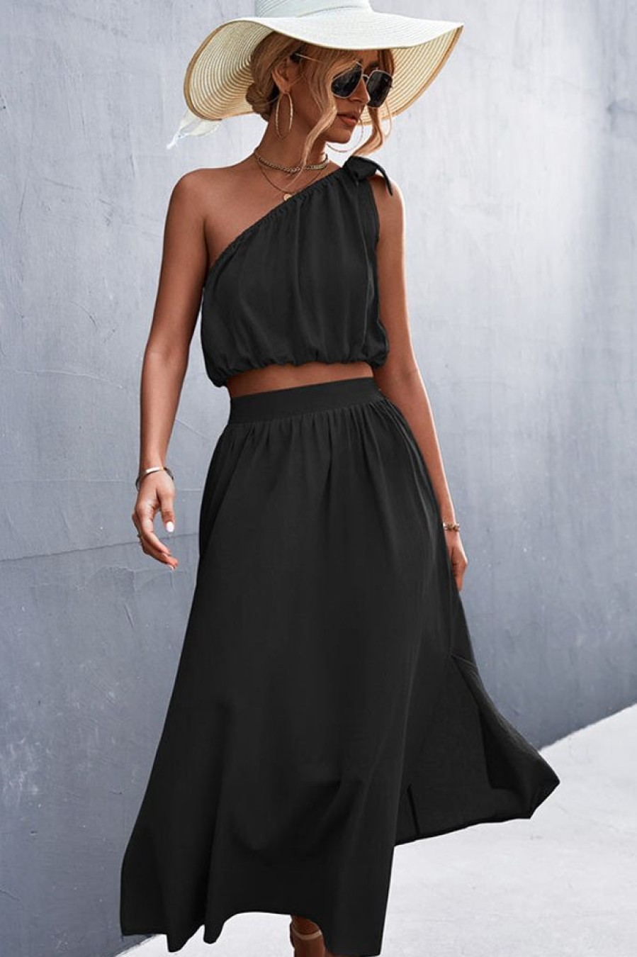 Women Beachsissi Solid Dress | Solid Color Tie Shoulder Slid Two Pieces Dress Black