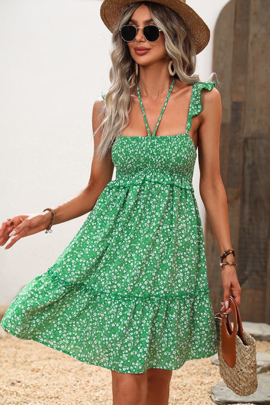 Women Beachsissi Printed Dress | Floral Print Halter Neck Mini Dress Green