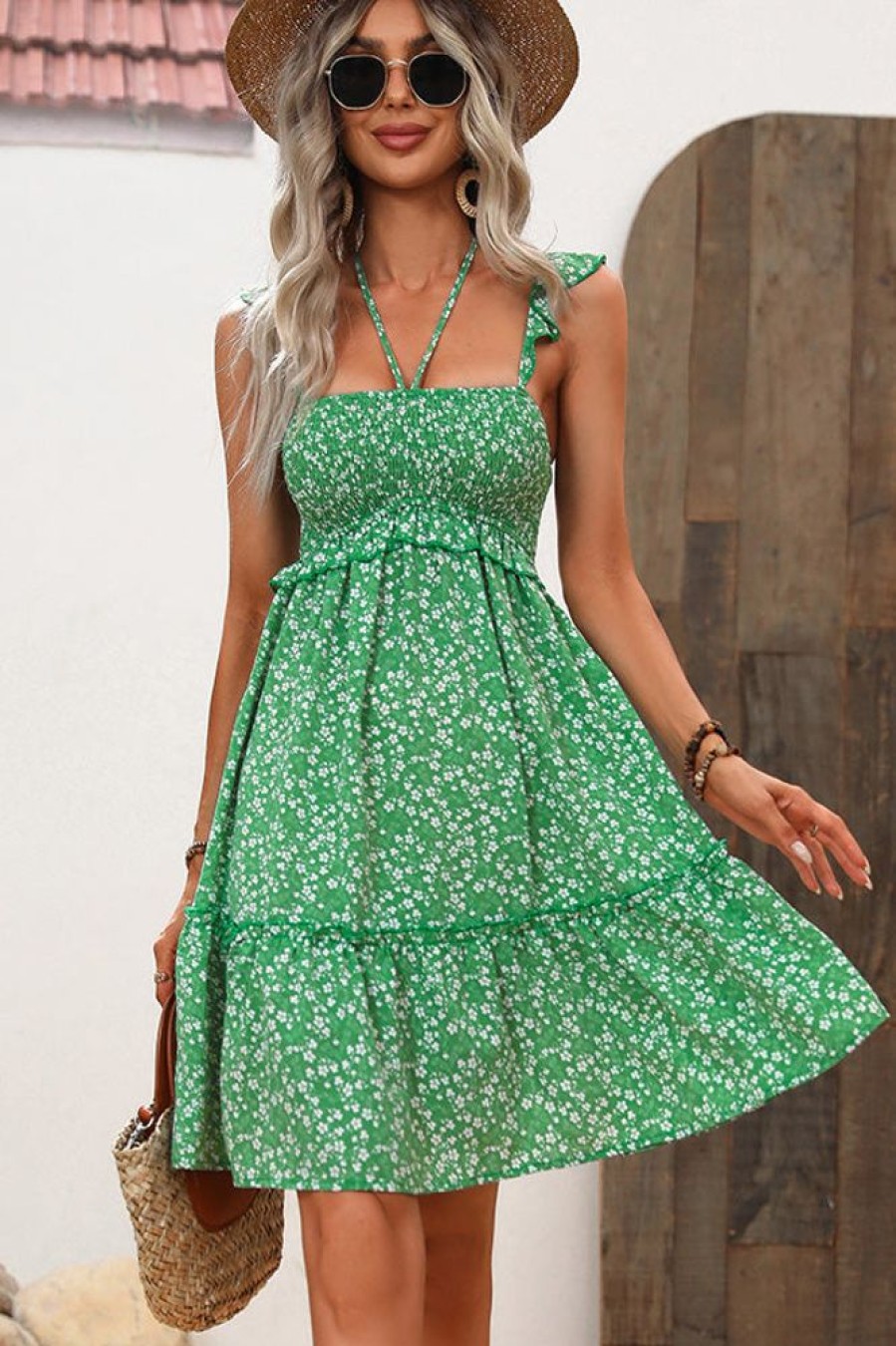 Women Beachsissi Printed Dress | Floral Print Halter Neck Mini Dress Green