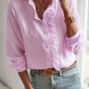 Women Beachsissi | Button Stringy Selvedge Long Sleeve Casual Tops Pink