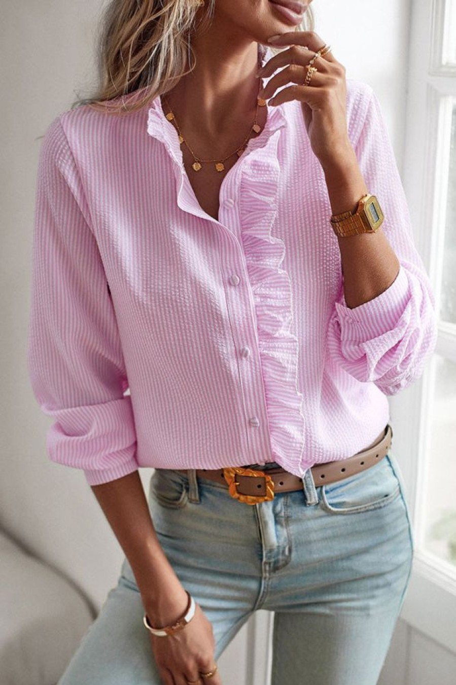 Women Beachsissi | Button Stringy Selvedge Long Sleeve Casual Tops Pink