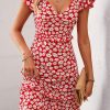 Women Beachsissi Printed Dress | Floral Print V Neck Ruffle Sleeve Dress Red