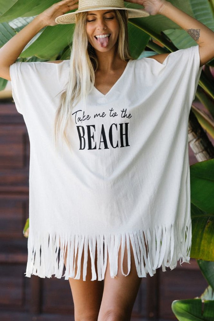 Women Beachsissi Cover Ups | V Neck Tassel Hem Swimwear Cover Up White