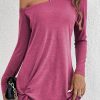 Women Beachsissi Solid Dress | Skew Neck Solid Long Sleeve Casual Dress Mediumvioletred