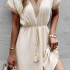 Women Beachsissi Solid Dress | Fashion Lace Patchwork Solid V Neck Casual Dress Beige