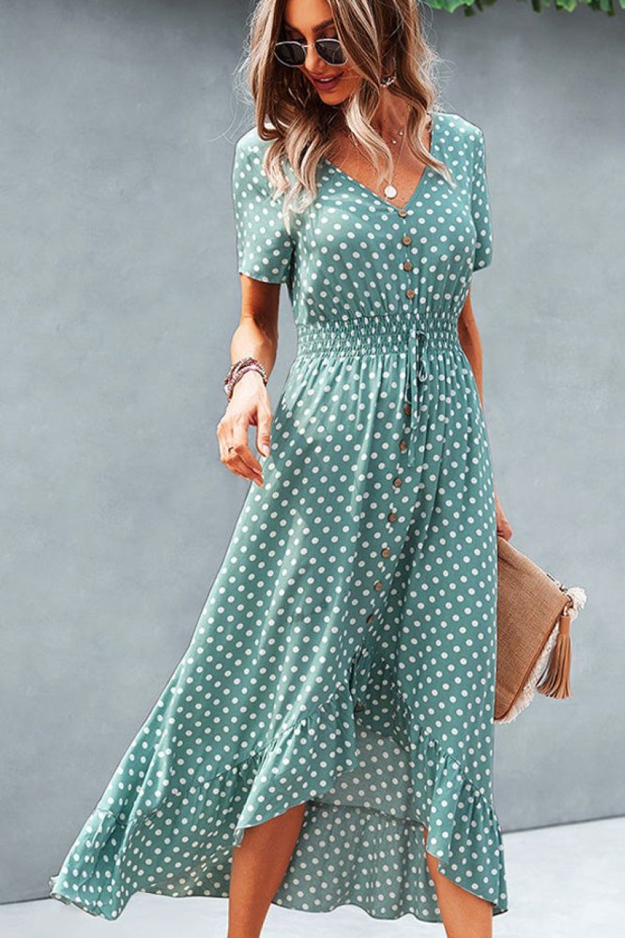 Women Beachsissi Casual Dress | Dots Print High Waist V Neck Casual Dress Lightblue