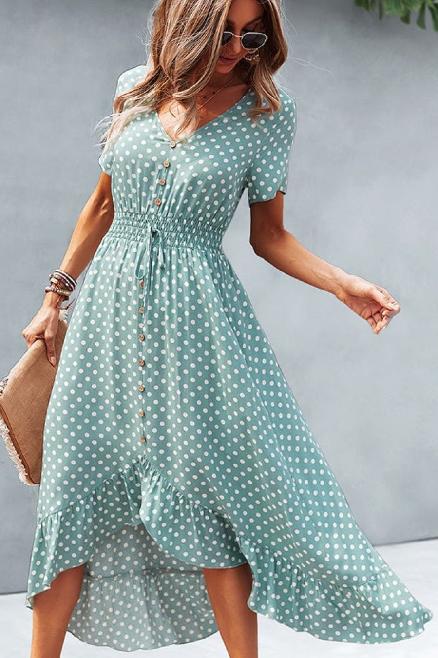 Women Beachsissi Casual Dress | Dots Print High Waist V Neck Casual Dress Lightblue