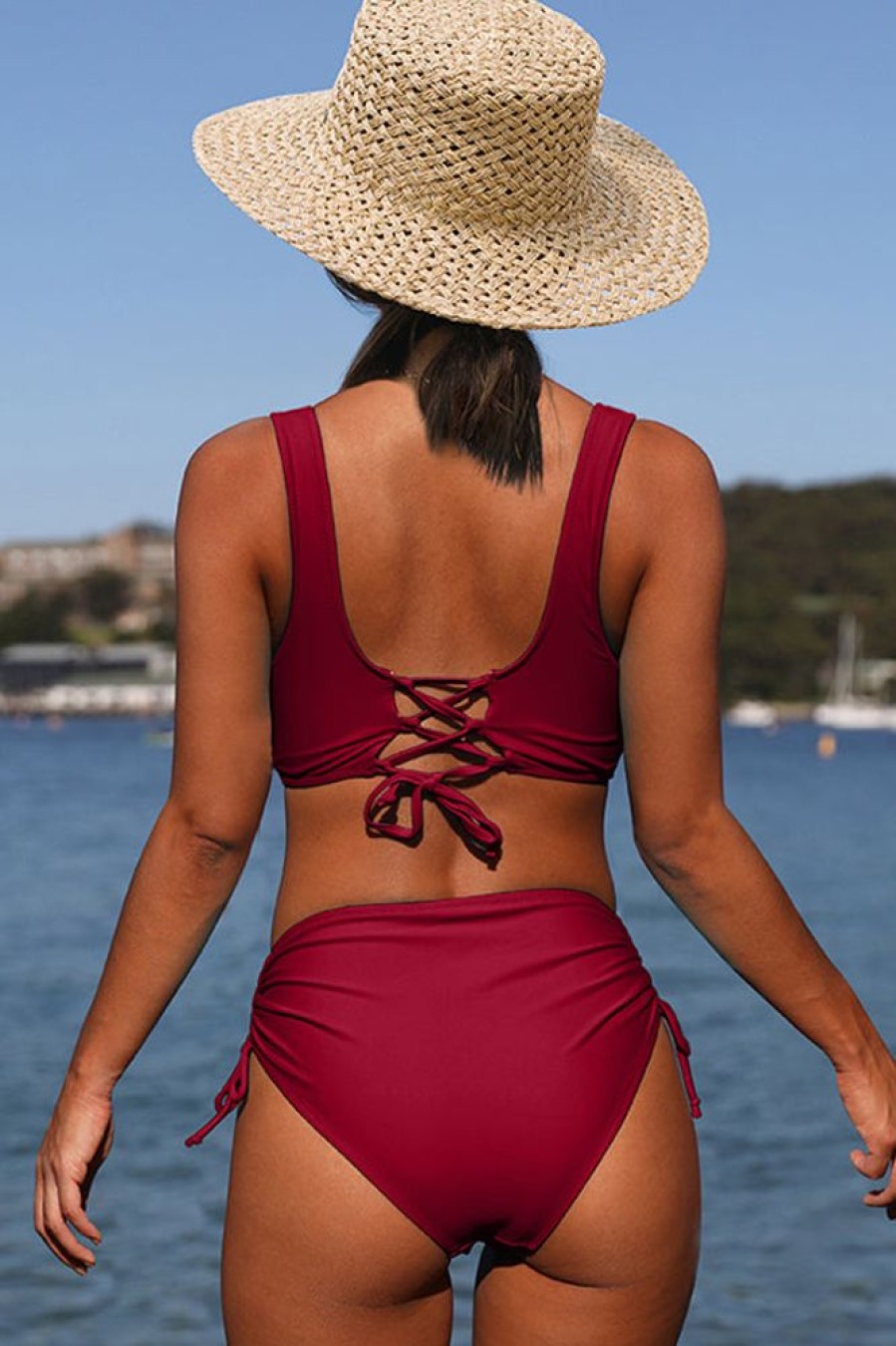 Women Beachsissi Bikini | Twist Front Drawstring Side High Waisted Bikini Set Red