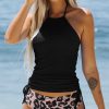 Women Beachsissi Tankini | Drawstring Side Halter Neck Leopard Print Tankini Set Black