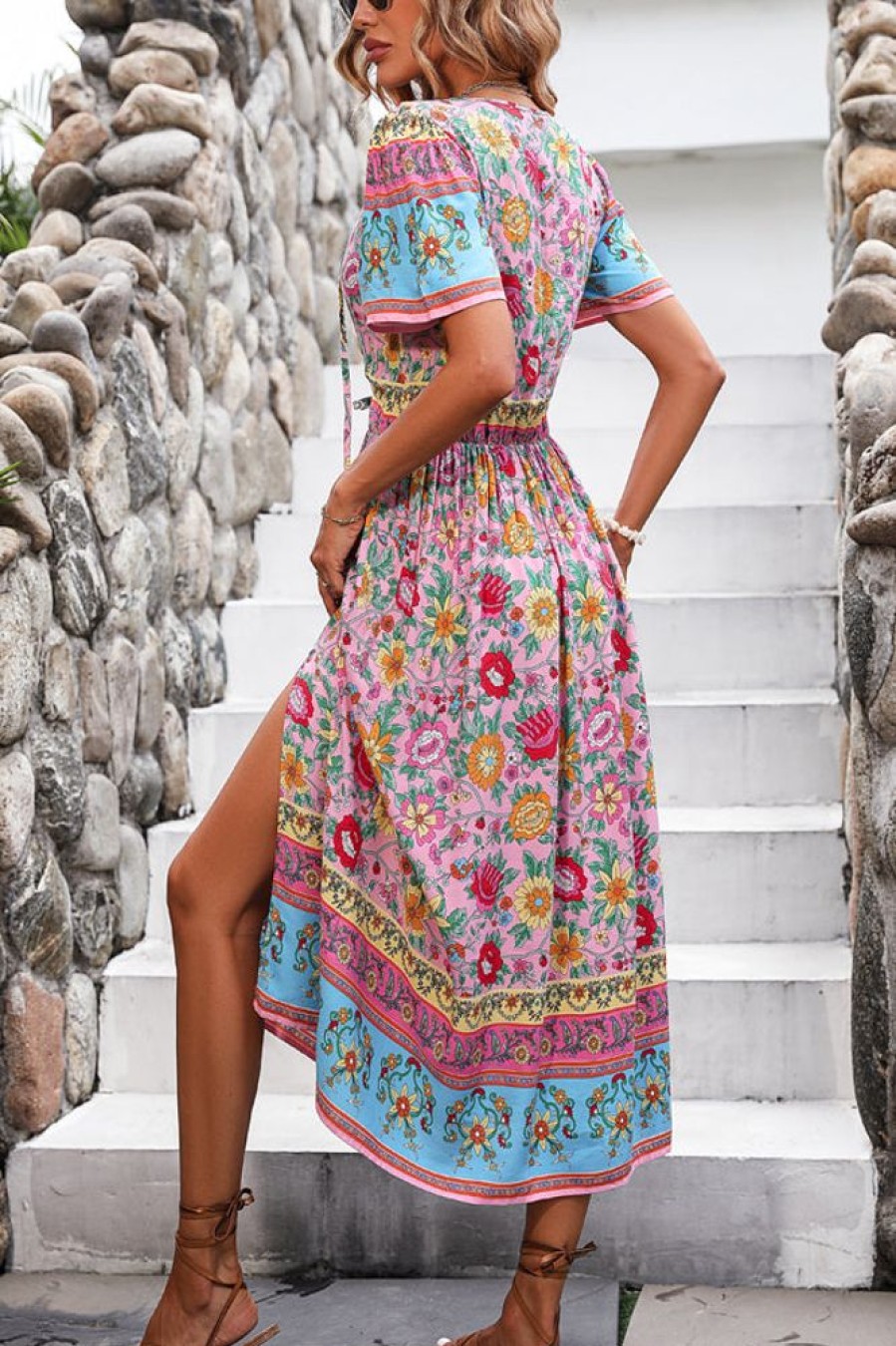 Women Beachsissi Printed Dress | Bohemia Print Knot Front Split Side Maxi Dress Pink