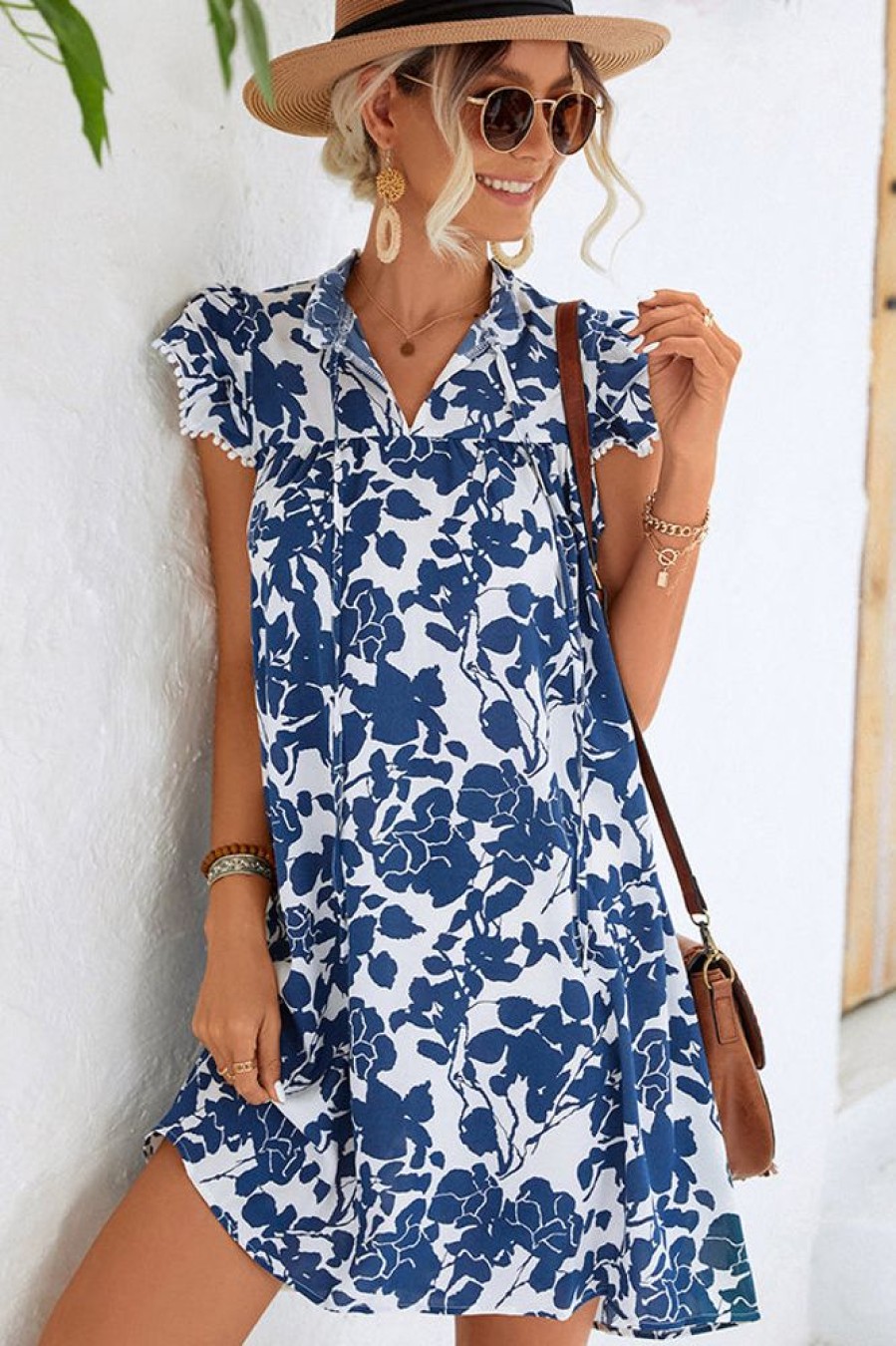 Women Beachsissi Casual Dress | Fashion Printed Ruffled Sleeves Casual Dress Blue