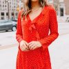 Women Beachsissi Printed Dress | Fashion Polka Print Long Sleeve Tie Waist Dress Red