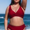 Women Beachsissi Bikini | Plus Size Twist Front Solid Color High Waisted Bikini Set Red