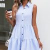 Women Beachsissi Printed Dress | Plaid Print Sleeveless Ruffle Hem Dress Lightskyblue