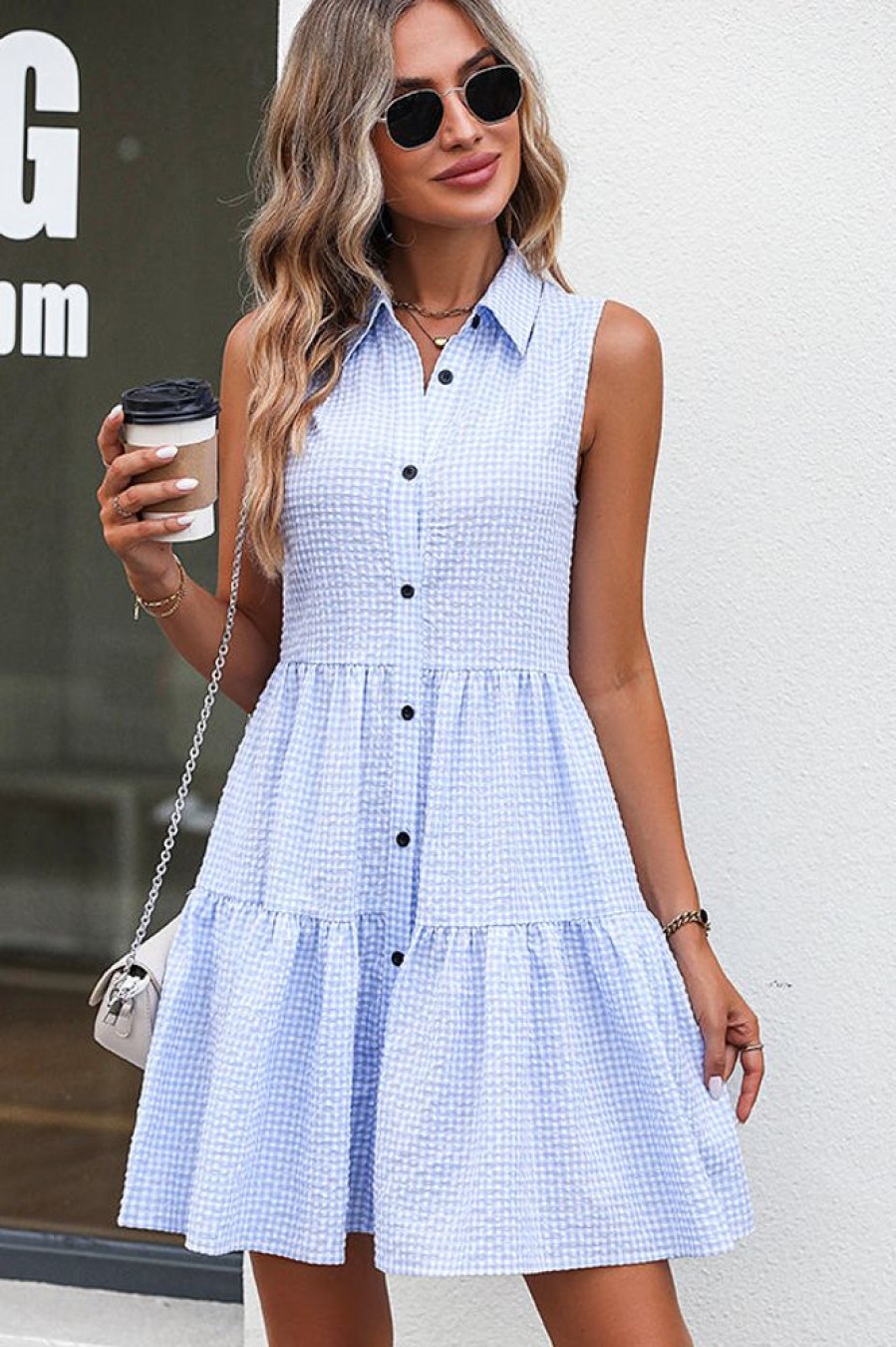 Women Beachsissi Printed Dress | Plaid Print Sleeveless Ruffle Hem Dress Lightskyblue