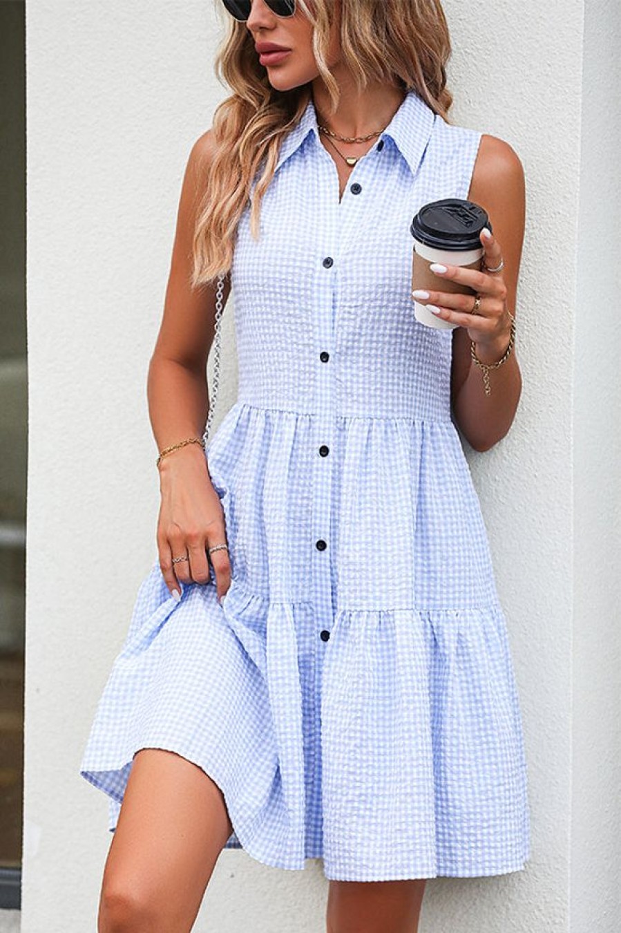 Women Beachsissi Printed Dress | Plaid Print Sleeveless Ruffle Hem Dress Lightskyblue