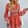 Women Beachsissi Printed Dress | Bohemia Smocked Bust Long Sleeve Printed Dress Red