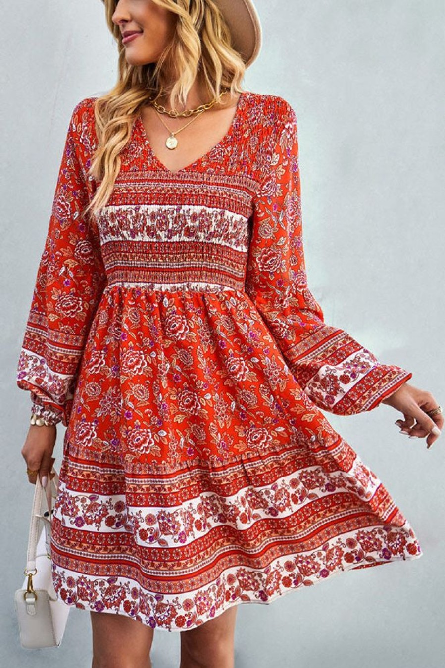 Women Beachsissi Printed Dress | Bohemia Smocked Bust Long Sleeve Printed Dress Red