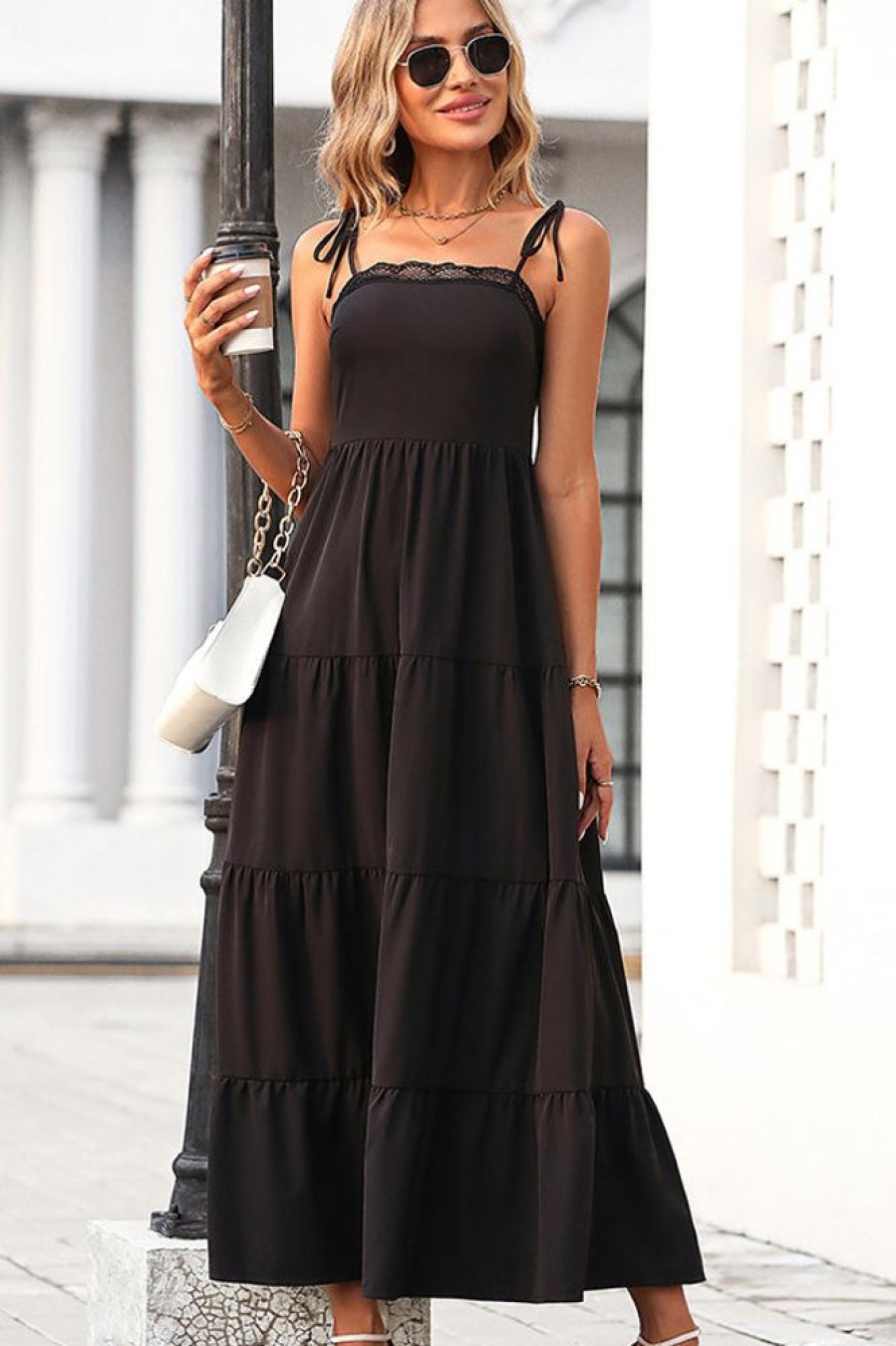 Women Beachsissi Solid Dress | Lace Patchwork Solid Color Slip Dress Black